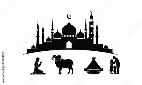 Great mosque architecture vector illustration with ram sheep sacrifice and family praying silhouettes.