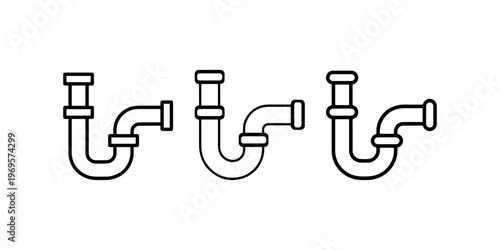 Three line icons of plumbing pipe traps in various shapes for sink drainage systems construction equipment maintenance and household repair service design