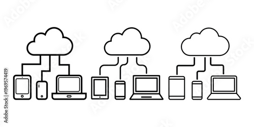 Cloud computing network icon set showing mobile devices connected to server storage with tablet smartphone and laptop computer line art for technology data
