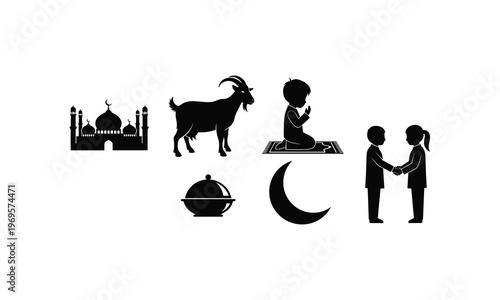 Muslim community vector illustration with children shaking hands mosque and goat sacrifice elements.