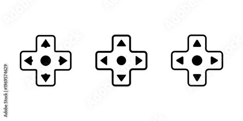 Gaming controller directional pad icon set featuring black arrow buttons on white background for user interface design and video game console navigation