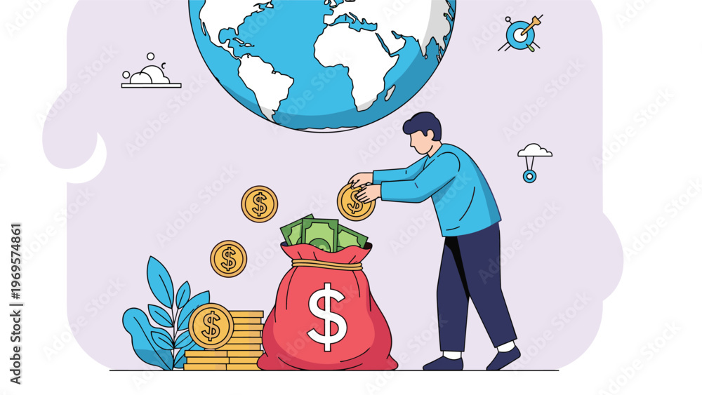 Fototapeta premium Man putting gold coins into a large money bag with a giant globe above symbolizing global wealth and international finance.