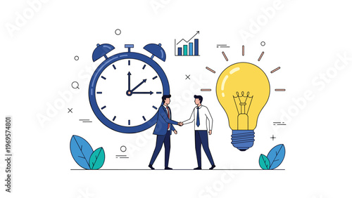 Professional partners shaking hands in front of a giant alarm clock and a glowing lightbulb representing timely business ideas.