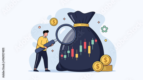 Serious businessman uses a large magnifying glass to inspect a black money bag featuring colorful financial trading candles.