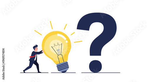 Persistent businessman pushing a giant glowing lightbulb towards a massive question mark symbol in a quest for new solutions.