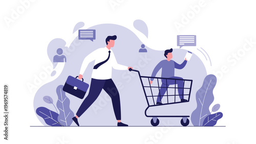 Businessman pushing a younger man sitting in a shopping cart holding a document representing onboarding and career progression.
