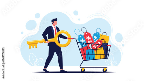 Businessman pushing a shopping cart filled with colorful discount and sale tags while holding a giant gold key for unlocking savings.