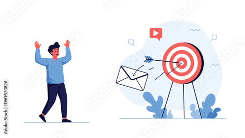 Energetic man walking towards a target with an envelope and social media icons in a digital marketing and communication concept.