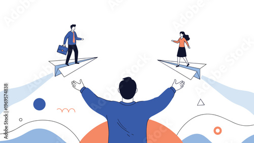 Giant businessman with open arms watching a man and woman fly on paper airplanes representing opportunity and career takeoff.