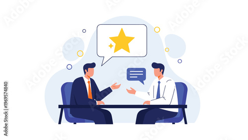 Two businessmen sitting at a table discussing a bright yellow star in a speech bubble representing high quality and ratings.