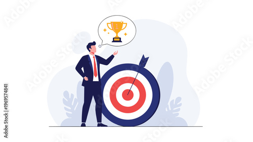 Businessman standing next to a large target thinking about a golden trophy symbolizing goal setting and aiming for success.