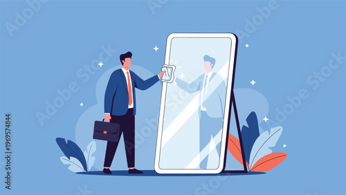 Businessman using a cloth to clean a large mirror and seeing his clear reflection symbolizing self-reflection and personal growth.