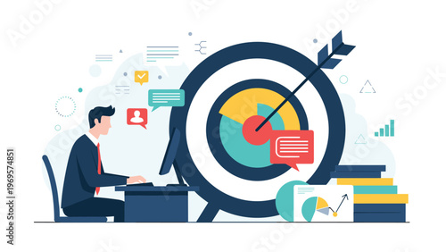 Businessman sitting at his desk working on a computer with a massive target and arrow behind him for business objectives.