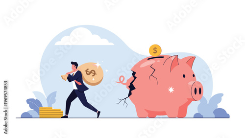 Businessman carrying a sack of money while running away from a large cracked piggy bank representing financial loss or theft.