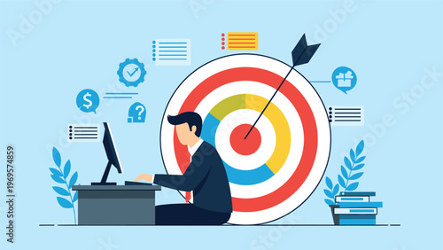 Businessman working at a desk with a computer in front of a giant target surrounded by various business and financial icons.
