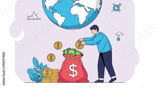 Man putting gold coins into a large money bag with a giant globe above symbolizing global wealth and international finance.