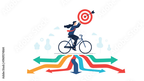 Woman on a bicycle holding a target with an arrow above a multi-colored crossroads representing focused career direction.