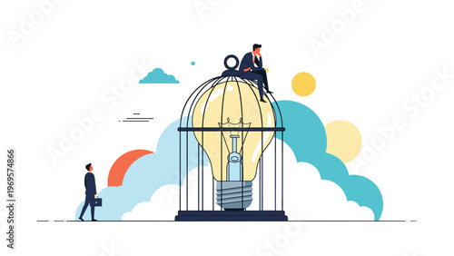 Businessman sitting on top of a giant birdcage with a glowing lightbulb inside representing trapped ideas and intellectual property.