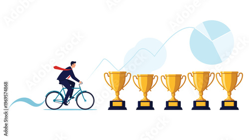 Businessman on a bicycle riding past several large golden trophies on a rising financial line graph representing success milestones.