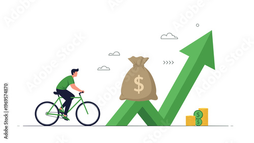 Man on a bicycle riding up a zigzag green arrow with a large money bag representing financial progress and uphill growth.