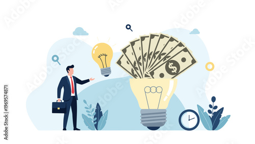 Businessman presenting a giant lightbulb filled with many dollar bills representing a profitable idea and innovation value.