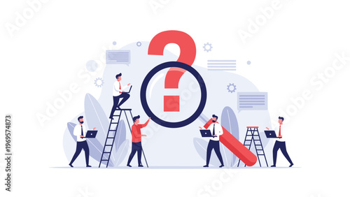 Group of professional people with laptops and ladders investigating a giant question mark for research and development.