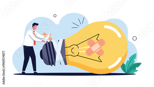 Businessman applying adhesive bandages to a large cracked lightbulb representing repairing broken ideas and problem solving.