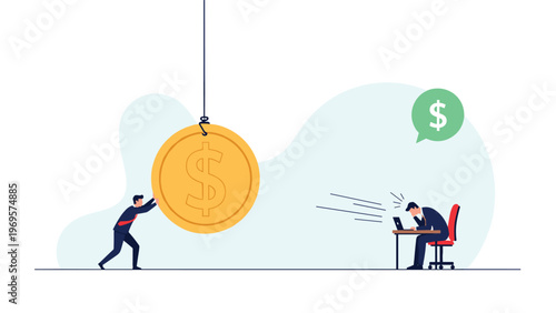 Businessman pushing a huge gold dollar coin hanging from a hook towards a stressed man at a computer for incentive.