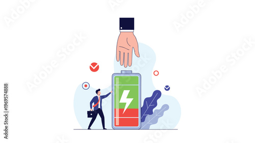 Hand placing a charged battery next to an exhausted businessman for energy boost and workplace productivity metaphor in corporate setting.