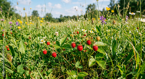 Wild Strawberries Ripening in a Sunny Meadow