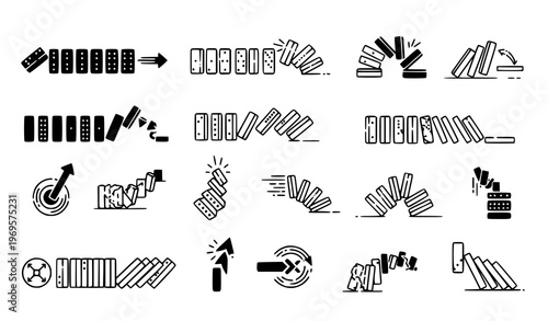 A series of black and white domino icons illustrating various actions and movements including falling, stacking, and interactive sequences