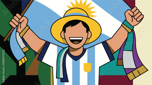 Excited Argentinian fan cheering with national flag, abstract geometric illustration