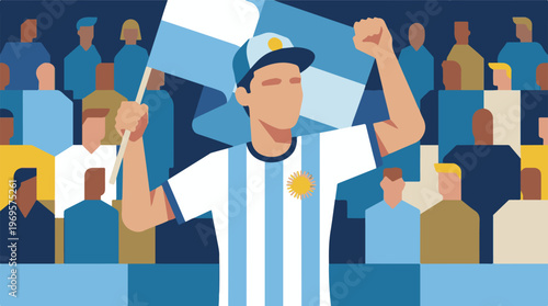 Argentinian football fan celebrating with national flag in a cheering crowd