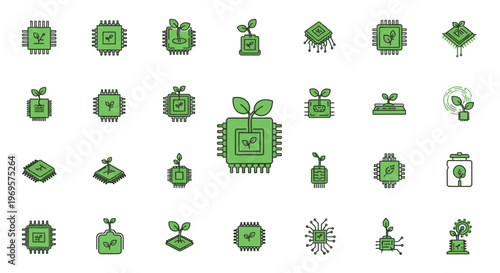Green Technology Icons Set - Agriculture Innovation Digital Farming Smart Plant Growth Automation Robotics Sustainable Future Concepts Vector Illustration