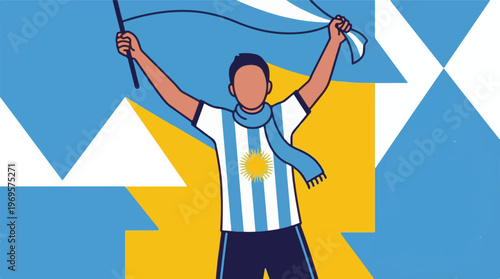 Argentinian soccer fan celebrates with national flag and team jersey