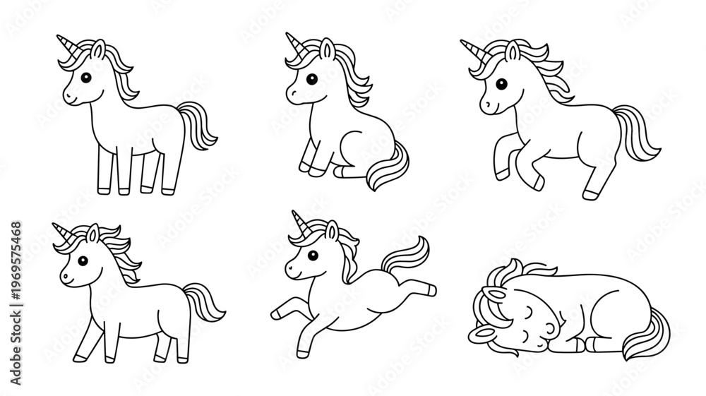 Obraz premium Whimsical Unicorn Sketch Set Playful Poses and Magical Expressions