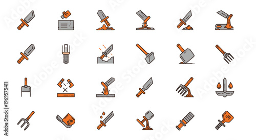 Farming Tools Icons Set Illustration Agriculture Equipment Harvesting Design Vector Graphics Stock Image for Website and App