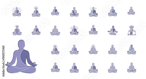 Meditation Icons Set Illustration Yoga Poses Mindfulness Spiritual Practice Zen Calm Relaxation Peaceful Mindful Wellbeing Vector Design
