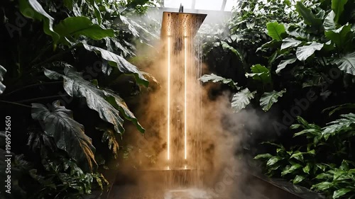 Lush tropical plants glowing in mist with warm light