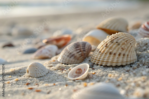Closeup of various seashells scattered on a sandy beach at sunset