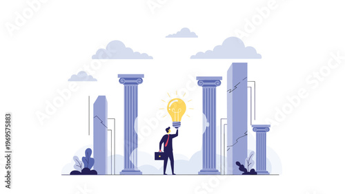 Professional man holding a glowing lightbulb while standing among ancient greek columns representing wisdom and classic ideas.