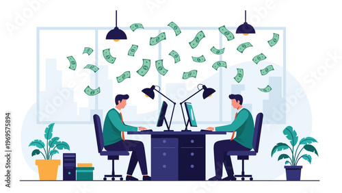 Two male employees working at their desks while many dollar bills fall from the ceiling like rain in a high profit scenario.