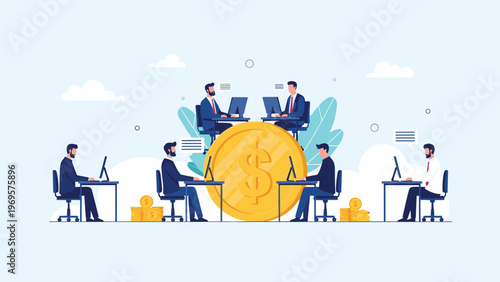 Several office workers at their desks surrounding a giant gold dollar coin representing a central focus on financial profit.