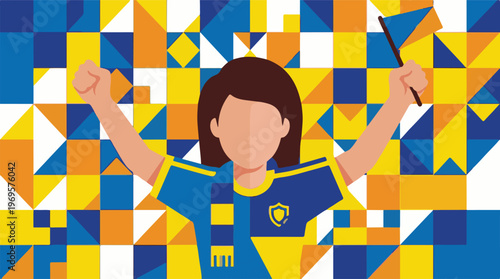 Ukrainian Supporter Waving Flag in Abstract Blue and Yellow Geometric Background