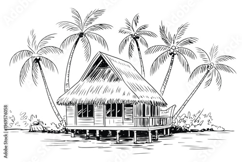 Tropical beach hut with palm trees and clear water thatched roof