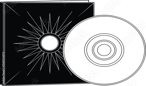 compact disc vector illustration with CD case, optical media storage icon, music data disk symbol, minimal line art design
