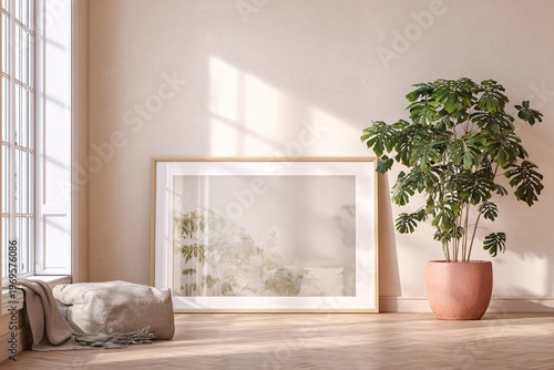 Minimalist interior with a framed poster and a potted plant in sunlight