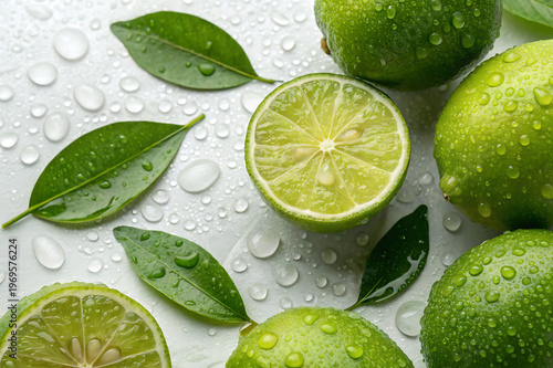 Fresh limes and green leaves with water droplets on a white background