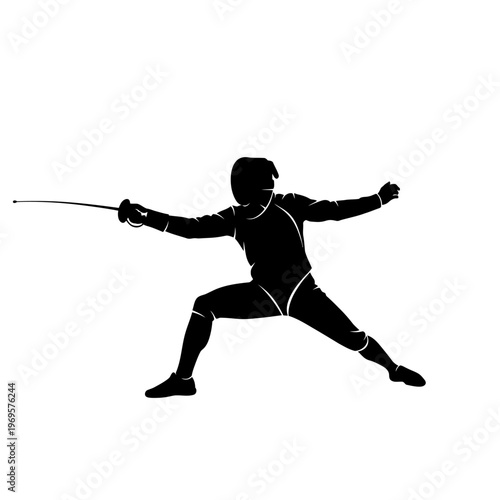 Fencer in action with sword extended.