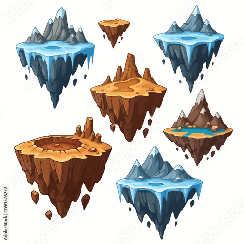Floating cartoon icebergs and mountains.